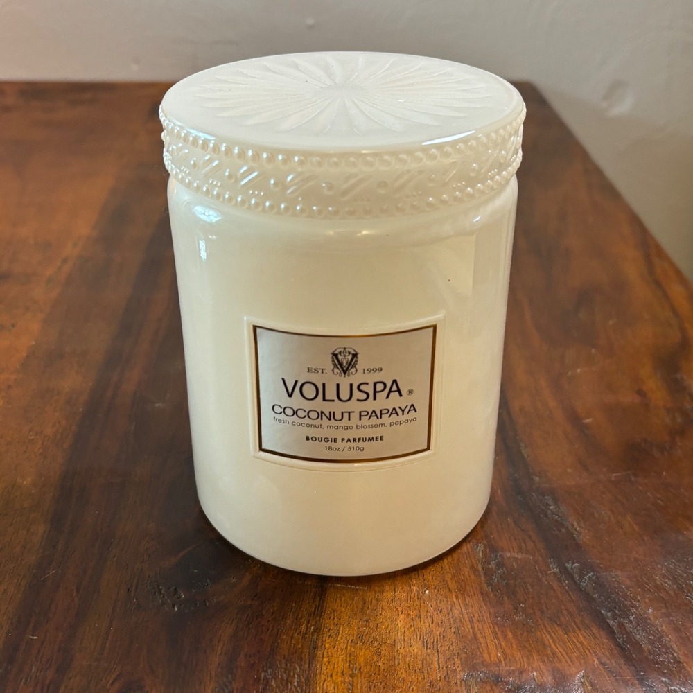 Voluspa Coconut Papaya Empty Candle Jar 18oz White Glass Decorative Lid Storage
